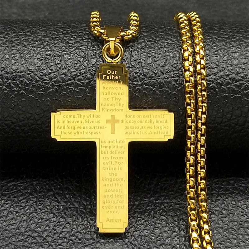 Catholic Scriptures Cross Bible Pendant Necklace for Women Men Stainless Steel Gold Color Religion Prayer Chain Jewelry NZZZ797