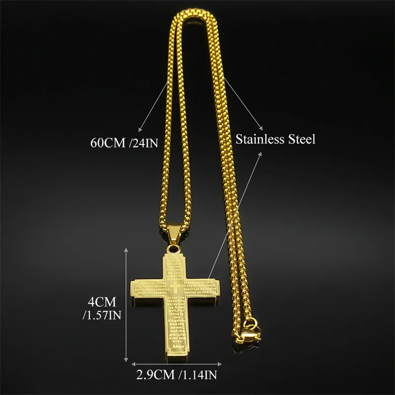 Catholic Scriptures Cross Bible Pendant Necklace for Women Men Stainless Steel Gold Color Religion Prayer Chain Jewelry NZZZ797