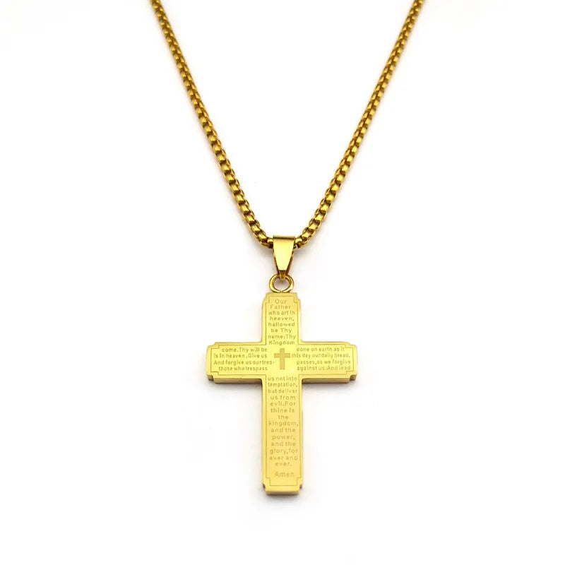 Catholic Scriptures Cross Bible Pendant Necklace for Women Men Stainless Steel Gold Color Religion Prayer Chain Jewelry NZZZ797