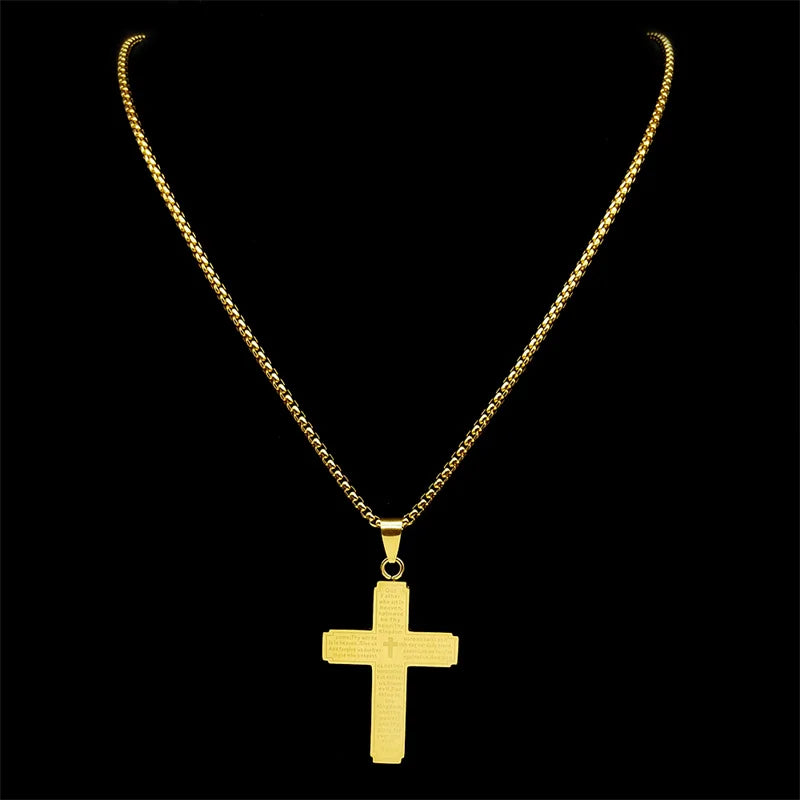 Catholic Scriptures Cross Bible Pendant Necklace for Women Men Stainless Steel Gold Color Religion Prayer Chain Jewelry NZZZ797
