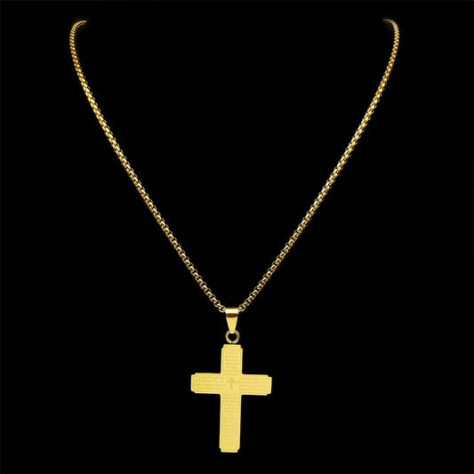 Catholic Scriptures Cross Bible Pendant Necklace for Women Men Stainless Steel Gold Color Religion Prayer Chain Jewelry NZZZ797