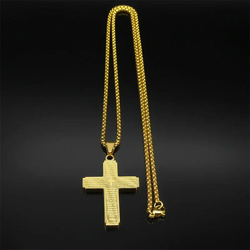 Catholic Scriptures Cross Bible Pendant Necklace for Women Men Stainless Steel Gold Color Religion Prayer Chain Jewelry NZZZ797