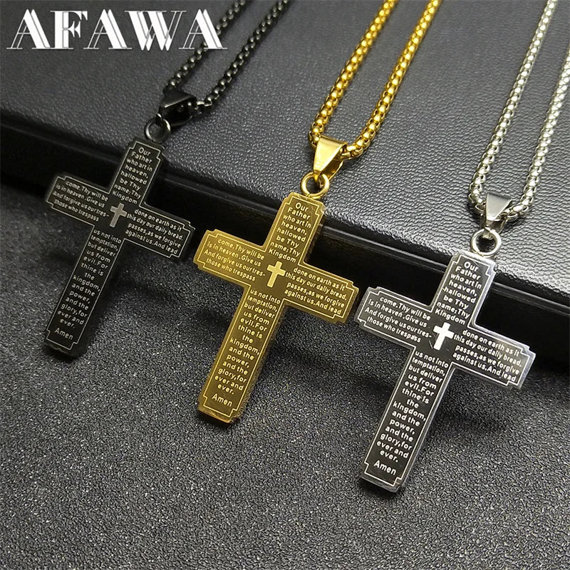 Catholic Scriptures Cross Bible Pendant Necklace for Women Men Stainless Steel Gold Color Religion Prayer Chain Jewelry NZZZ797