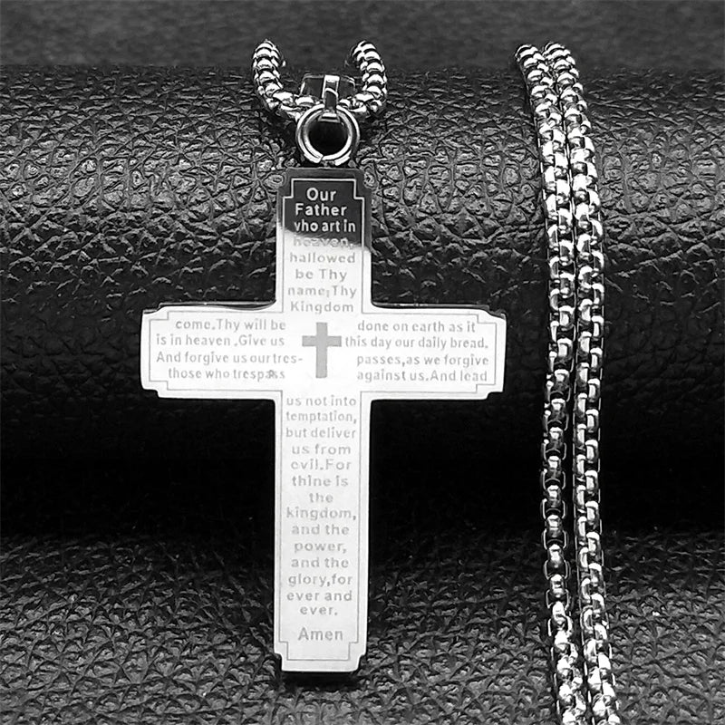 Catholic Scriptures Cross Bible Pendant Necklace for Women Men Stainless Steel Gold Color Religion Prayer Chain Jewelry NZZZ797