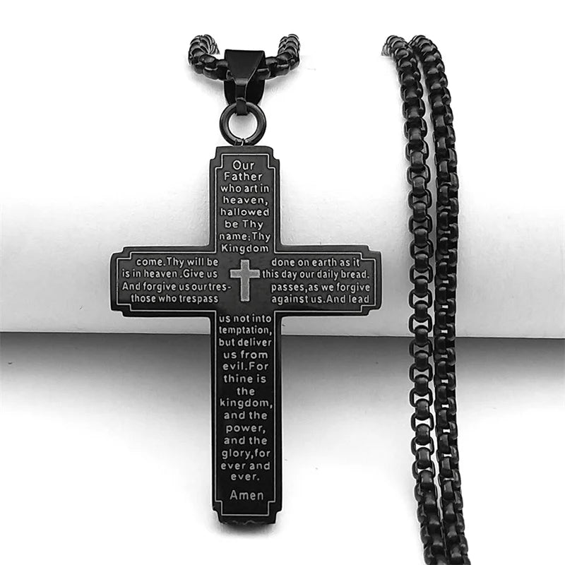 Catholic Scriptures Cross Bible Pendant Necklace for Women Men Stainless Steel Gold Color Religion Prayer Chain Jewelry NZZZ797