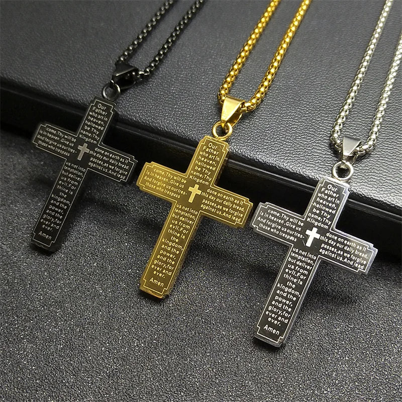 Catholic Scriptures Cross Bible Pendant Necklace for Women Men Stainless Steel Gold Color Religion Prayer Chain Jewelry NZZZ797
